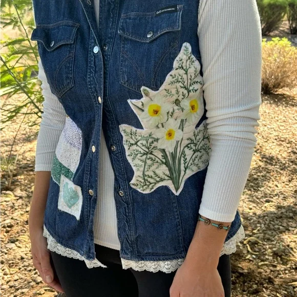 Upcycled Dolce and Gabbana Denim Vest with Floral Patches - Picture 2 of 10